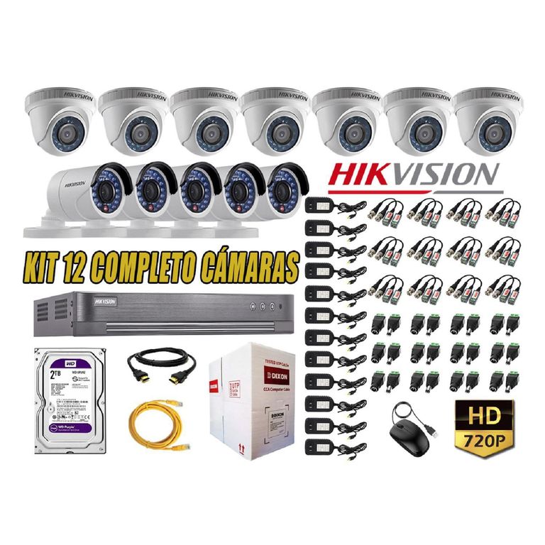 Kit 12 Cámaras de Seguridad HD 720p Disco 2TB Vigilancia + Kit de Herramientas