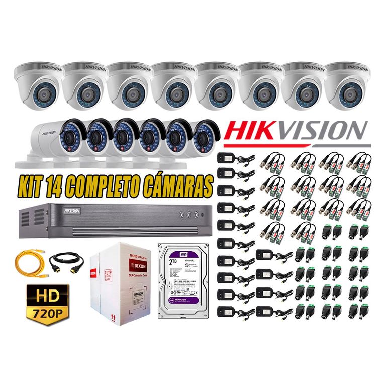 Kit 14 Cámaras de Seguridad HD 720 Disco 2TB Vigilancia + Kit de Herramientas Gratis