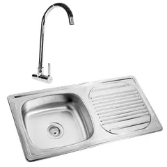 SENSI DACQUA - Lavadero de Cocina Acero Inoxidable 1 Poza con Escurridor 89.3x46cm + Llave Cocina a la Pared Bilbao