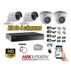 Hikvision - Kit 4 Cámaras de Seguridad HD 720P Cable 80M Vigilancia + Kit de Micrófono
