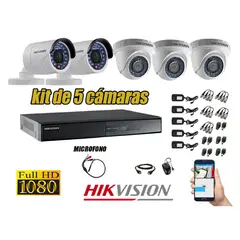 Hikvision - Kit 5 Cámaras de Seguridad Full HD 1080P P2P Vigilancia + Kit de Micrófono