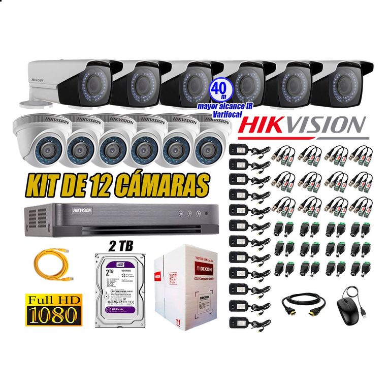 Cámaras de Seguridad Kit 12 Full HD 2TB + Exterior Mayor Alcance Varifocal P2P