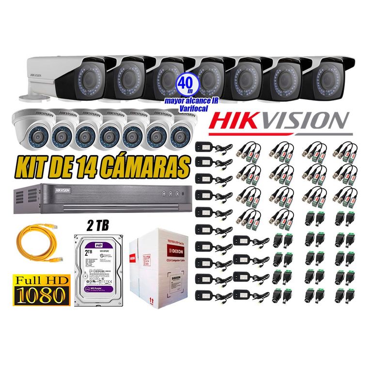Cámaras de Seguridad Kit 14 Full HD 2TB + Exterior Mayor Alcance Varifocal P2P