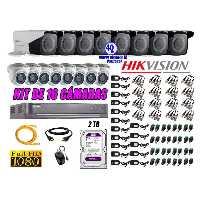 Cámaras de Seguridad Kit 16 Full HD 2TB + Exterior Mayor Alcance Varifocal 40M