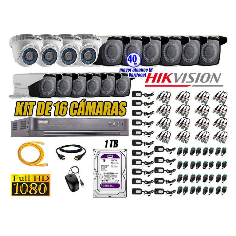 Cámaras de Seguridad Kit 16 Full HD 1TB + Exterior Mayor Alcance Varifocal 40M