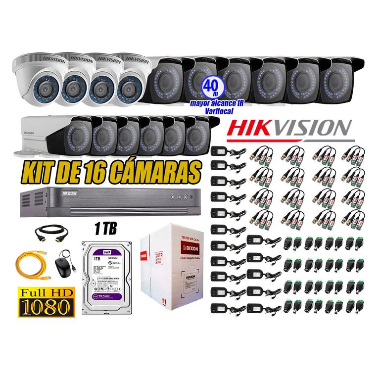 Cámaras de Seguridad Kit 16 Full HD 1TB + Exterior Mayor Alcance Varifocal40M