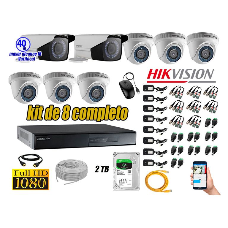 Cámaras de Seguridad Kit 8 Full HD 2TB + Exterior Mayor Alcance Varifocal 40M Ir KIT08-FHD-E074