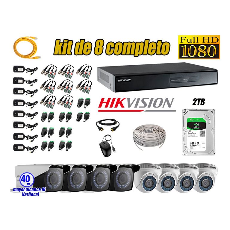 Cámaras de Seguridad Kit 8 Full HD 2TB + Exterior Mayor Alcance Varifocal P2P KIT08-FHD-E082