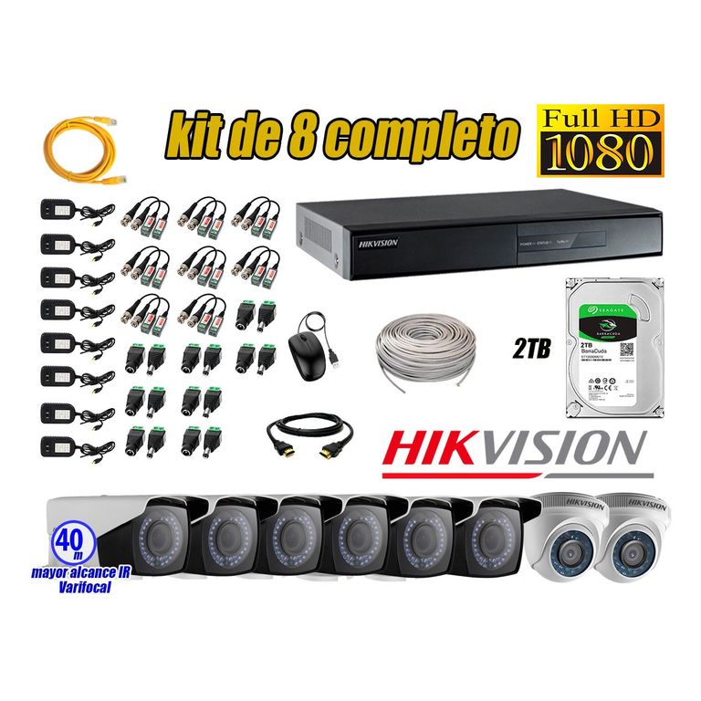 Cámaras de Seguridad Kit 8 Full HD 2TB + Exterior Mayor Alcance Varifocal40M