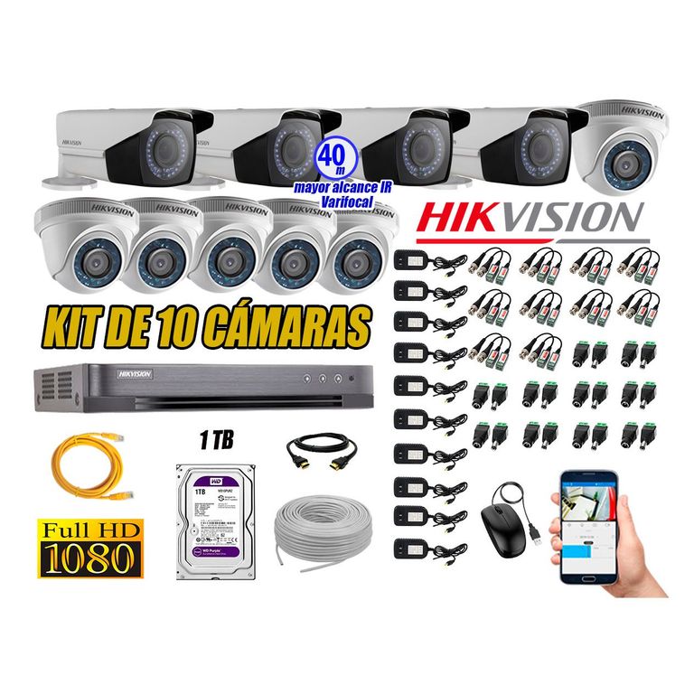 Cámaras de Seguridad Kit 10 Full HD 1TB + Exterior Mayor Alcance Varifocal