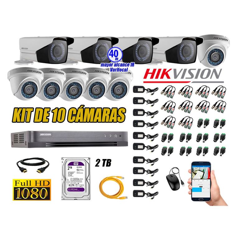 Cámaras de Seguridad Kit 10 Full HD 2TB + Exterior Mayor Alcance Varifocal40M