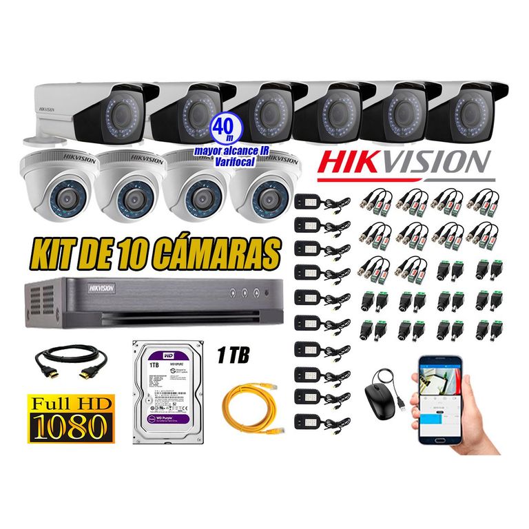 Cámaras de Seguridad Kit 10 Full HD 1TB WD + Exterior Mayor Alcance Varifocal40M