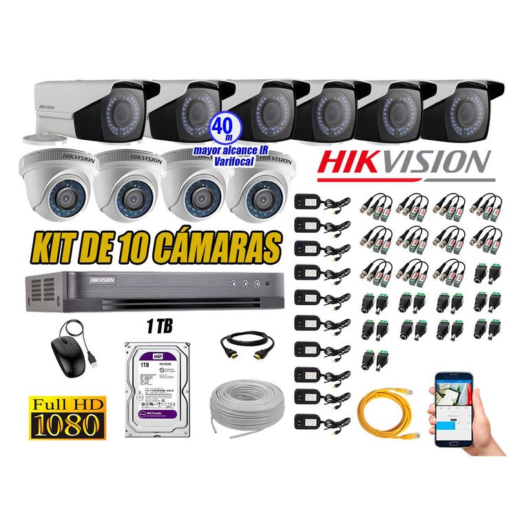 Cámaras de Seguridad Kit 10 Full HD 1TB + Exterior Mayor Alcance Varifocal KIT10-FHD-E106