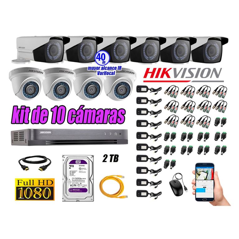Cámaras de Seguridad Kit 10 Full HD 2TB + Exterior Mayor Alcance Varifocal