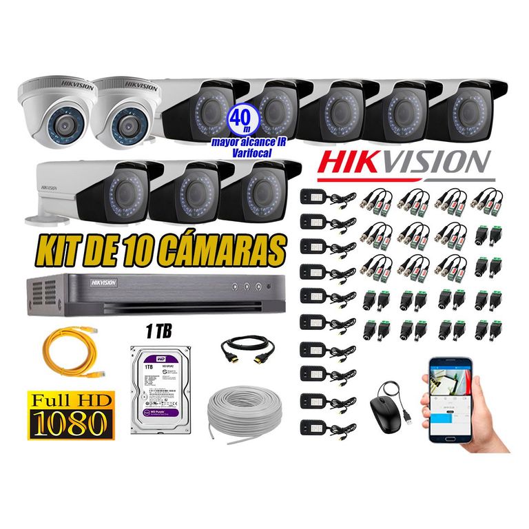 Cámaras de Seguridad Kit 10 Full HD 1TB + Exterior Mayor Alcance Varifocal 40M Ir
