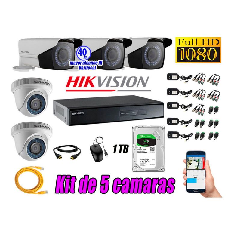 Cámaras de Seguridad Kit 5 Full HD 1TB + Exterior Mayor Alcance Varifocal