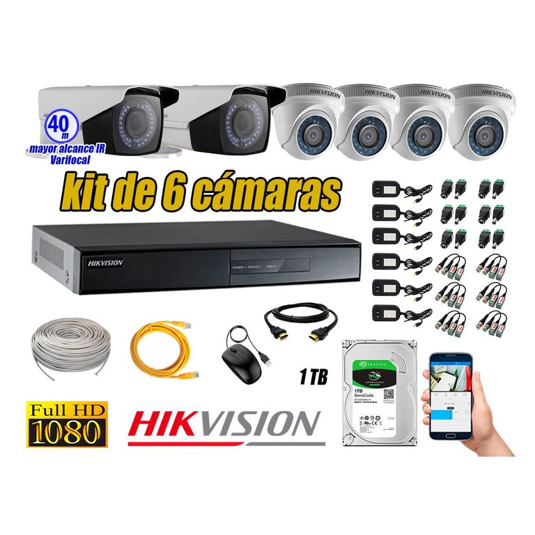 Cámaras de Seguridad Kit 6 Full HD 1TB + Exterior Mayor Alcance Varifocal 40M Ir