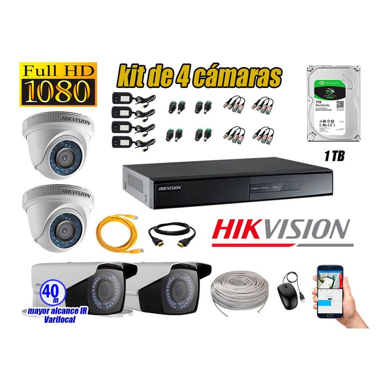 Cámaras de Seguridad Kit 4 Full HD 1TB + Exterior Mayor Alcance Varifocal P2P