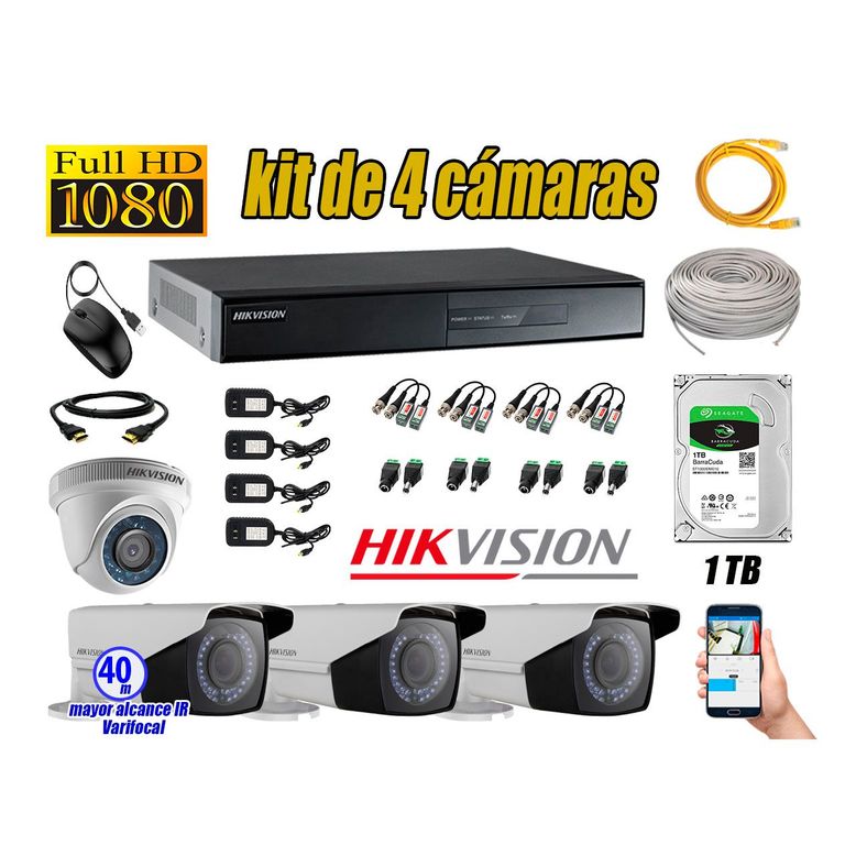 Cámaras de Seguridad Kit 4 Full HD 1TB + Exterior Mayor Alcance Varifocal40M
