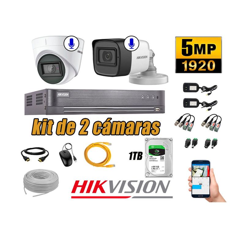 Kit 2 Cámaras de Seguridad Audio Incorporado 5MP Disco 1TB Completo CCTV