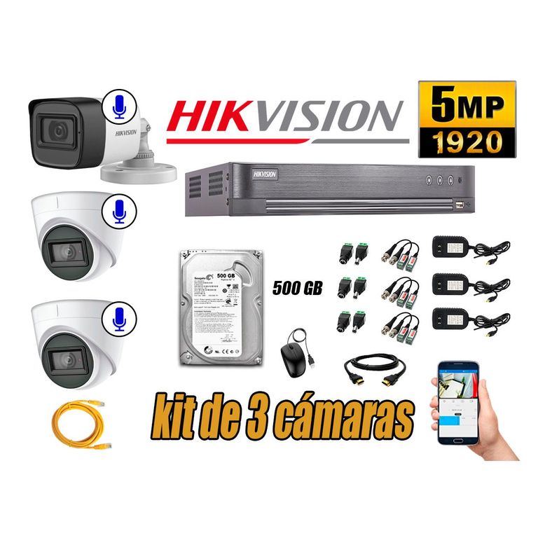 Kit 3 Cámaras de Seguridad Audio Incorporado 5MP Disco 500GB Completo CCTV