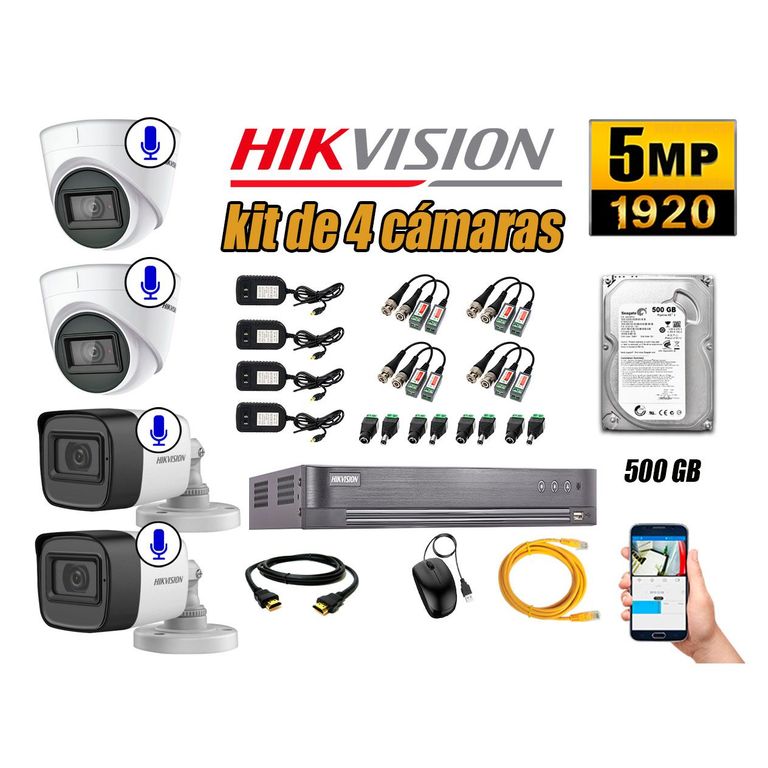 Kit 4 Cámaras de Seguridad Audio Incorporado 5MP Disco 500GB Completo CCTV