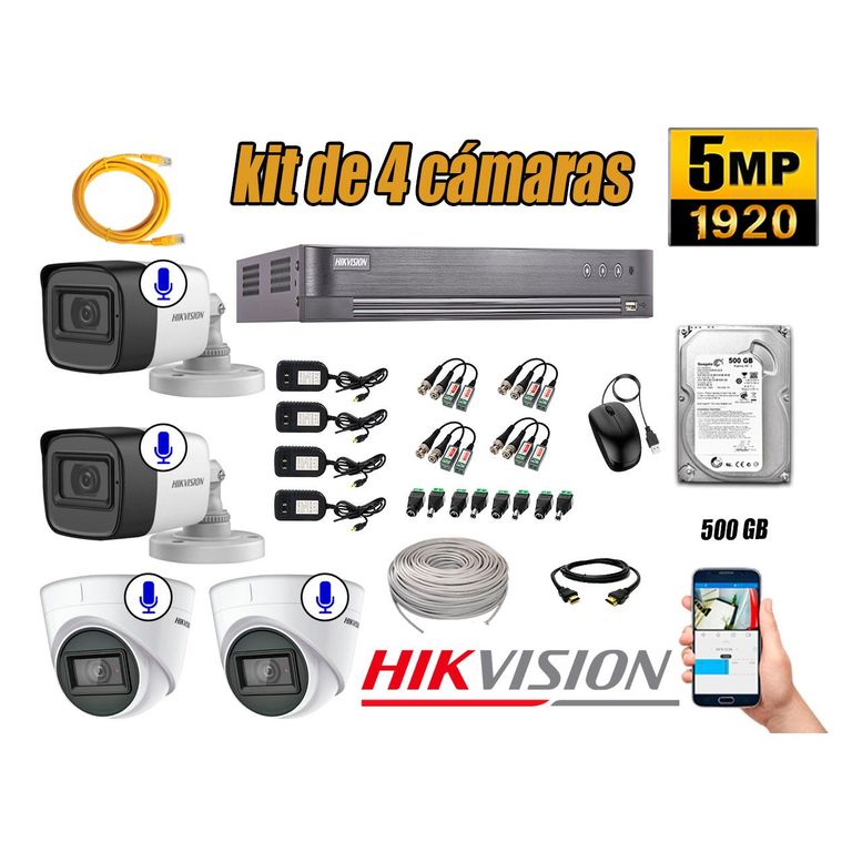 Kit 4 Cámaras de Seguridad Audio Incorporado 5MP Disco 500GB Completo CCTV P2P