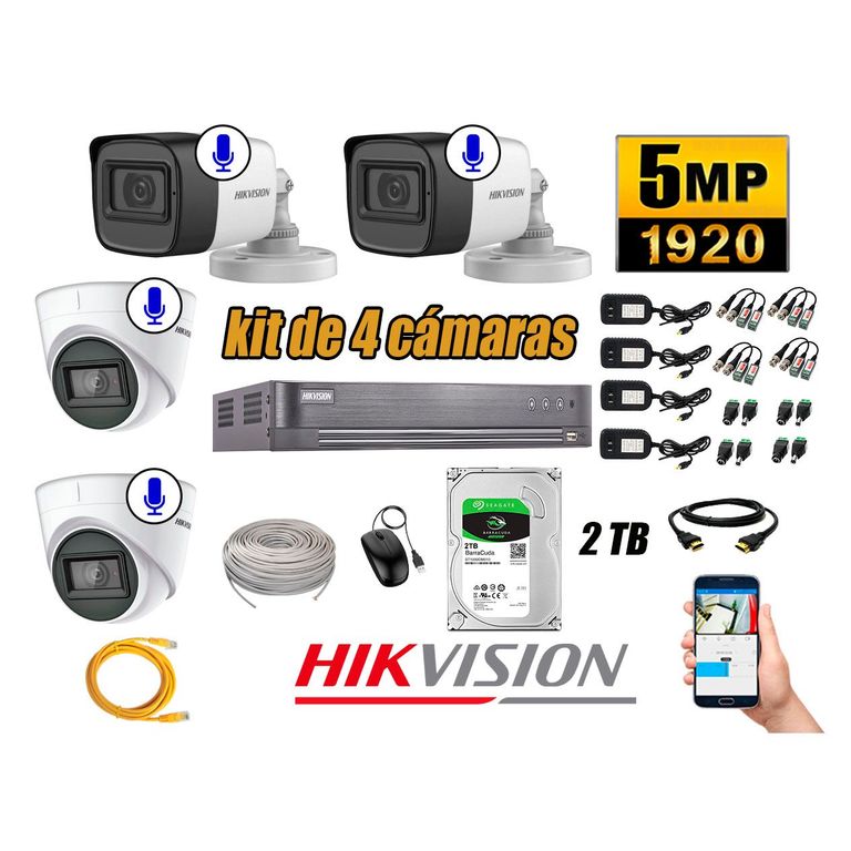 Kit 4 Cámaras de Seguridad Audio Incorporado 5MP Disco 2TB Completo CCTV P2P