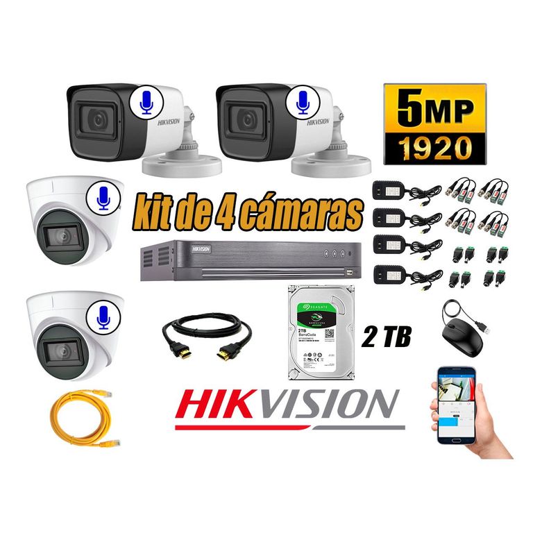 Kit 4 Cámaras de Seguridad Audio Incorporado 5MP Disco 2TB Completo CCTV