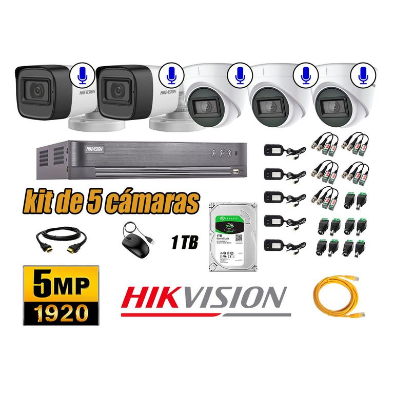 Kit 5 Cámaras de Seguridad Audio Incorporado 5MP Disco 1TB Completo CCTV
