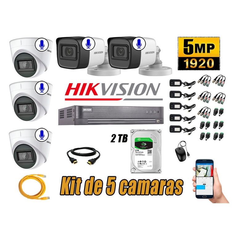 Kit 5 Cámaras de Seguridad Audio Incorporado 5MP Disco 2TB Completo CCTV