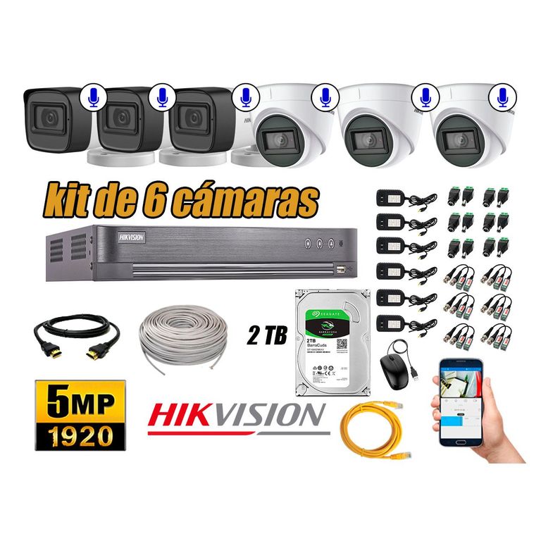 Kit 6 Cámaras de Seguridad Audio Incorporado 5MP Disco 2TB Completo CCTV P2P