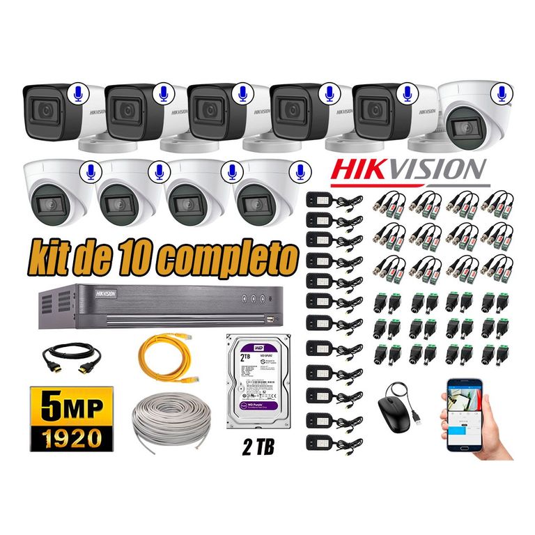 Kit 10 Cámaras de Seguridad Audio Incorporado 5MP Disco 2TB Completo CCTV P2P