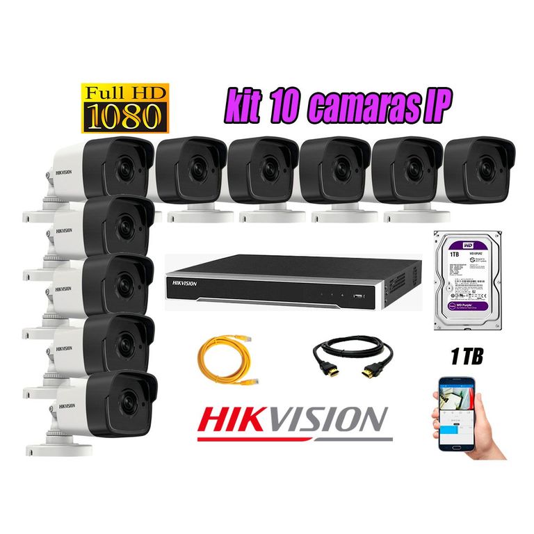 Cámara de Seguridad Ip Poe Full HD 1080P Exterior Kit 10 Disco 1TB Purpura P2P