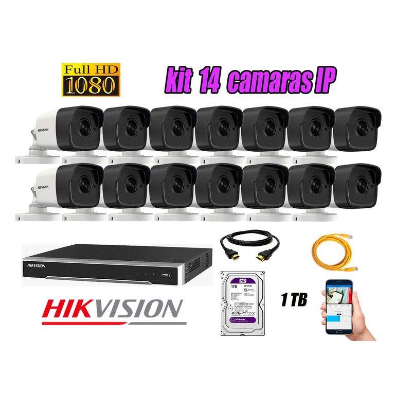 Cámara de Seguridad Ip Poe Full HD 1080P Exterior Kit 14 Disco 1TB Purpura P2P