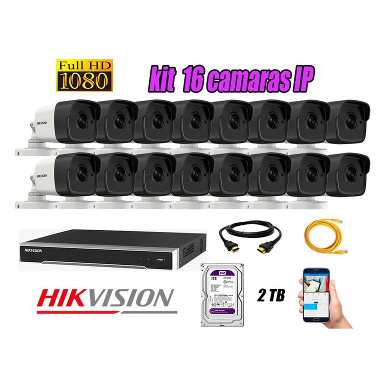 Cámara de Seguridad Ip Poe Full HD 1080P Exterior Kit 16 Disco 2TB WD Purpura