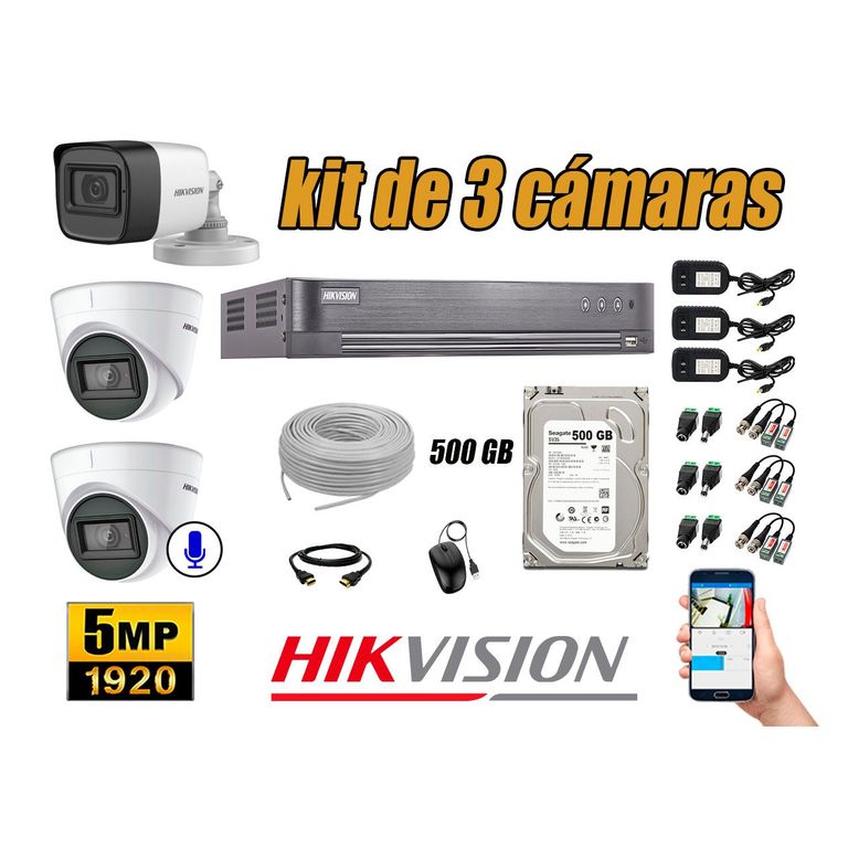 Cámaras de Seguridad Kit 3 5MP | 01 Cámara Audio Incorporado Disco 500GB