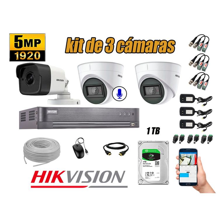 Cámaras de Seguridad Kit 3 5MP | 01 Cámara Audio Incorporado Disco 1TB