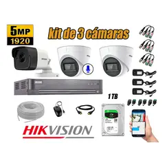 HIKVISION - Cámaras de Seguridad Kit 3 5MP | 01 Cámara Audio Incorporado Disco 1TB