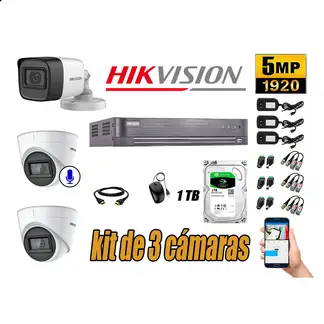 HIKVISION - Cámaras de Seguridad Kit 3 5MP | 01 Cámara Audio Incorporado Disco 1TB WD
