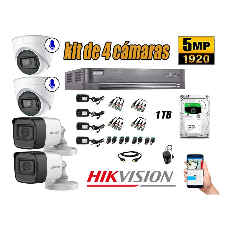 Cámaras de Seguridad Kit 4 5MP | 02 Cámaras Audio Incorporado Disco 1TB WD P2P