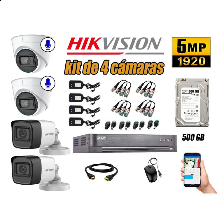 Cámaras de Seguridad Kit 4 5MP | 02 Cámaras Audio Incorporado Disco 500GB