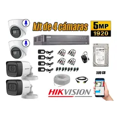 HIKVISION - Cámaras de Seguridad Kit 4 5MP | 02 Camaras Audio Incorporado Disco 500GB P2P