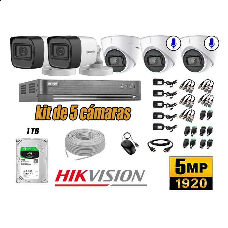 Cámaras de Seguridad Kit 5 5MP | 02 Cámaras Audio Incorporado Disco 1TB WD P2P