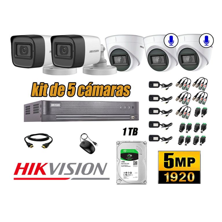 Cámaras de Seguridad Kit 5 5MP | 02 Cámaras Audio Incorporado Disco 1TB WD