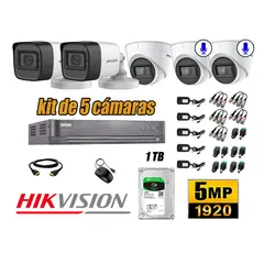 HIKVISION - Cámaras de Seguridad Kit 5 5MP | 02 Cámaras Audio Incorporado Disco 1TB WD
