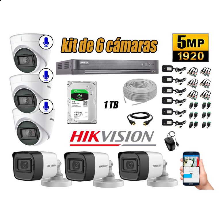 Cámaras de Seguridad Kit 6 5MP | 03 Cámaras Audio Incorporado Disco 1TB WD