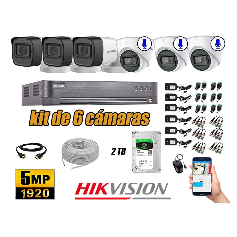 Cámaras de Seguridad Kit 6 5MP | 03 Camaras Audio Incorporado Disco 2TB WD P2P