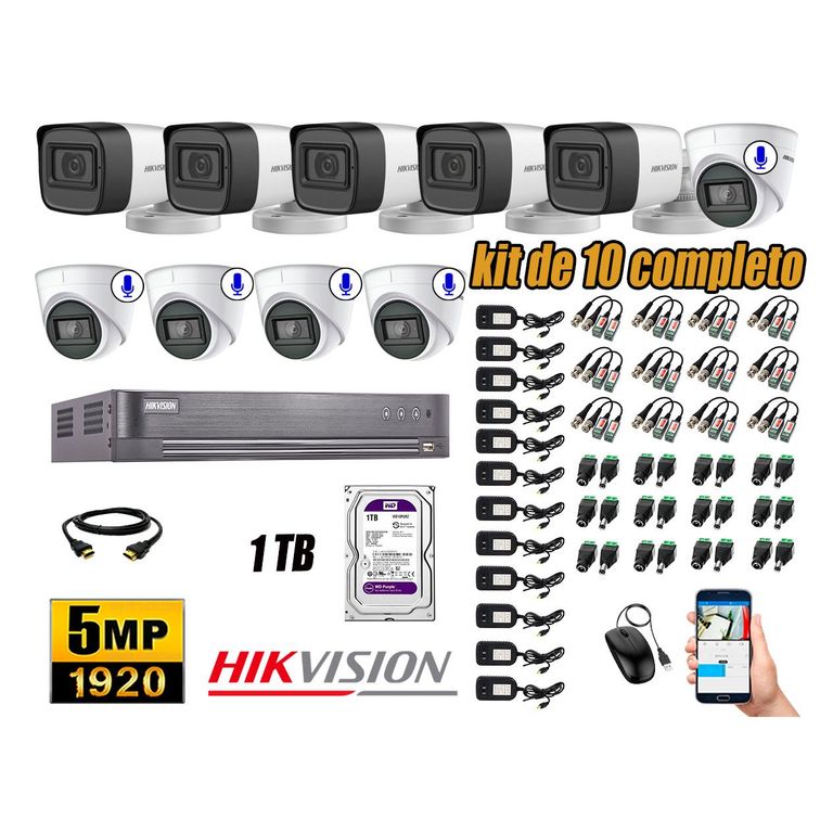 Cámaras de Seguridad Kit 10 5MP | 05 Cámaras Audio Incorporado Disco 1TB WD P2P
