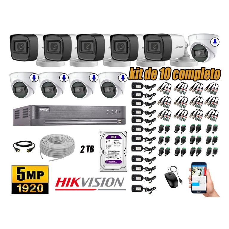 Cámaras de Seguridad Kit 10 5MP | 05 Cámaras Audio Incorporado Disco 2TB WD P2P